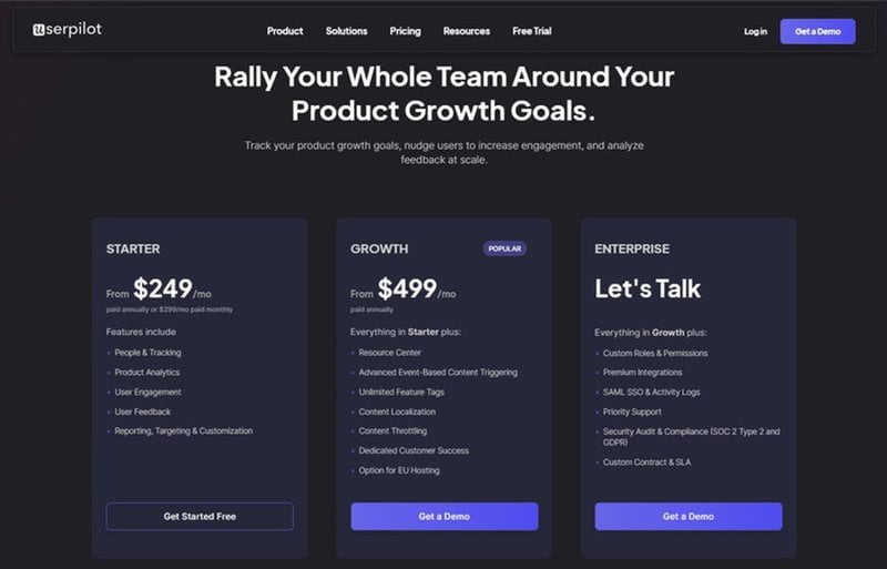 A screenshot of the pricing model on the Userpilot website