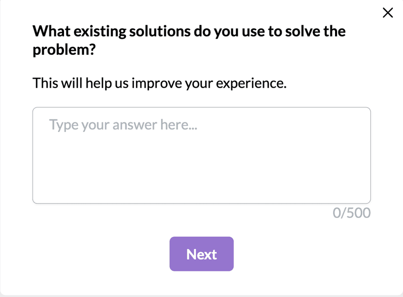 User survey example asking about existing solutions for problems