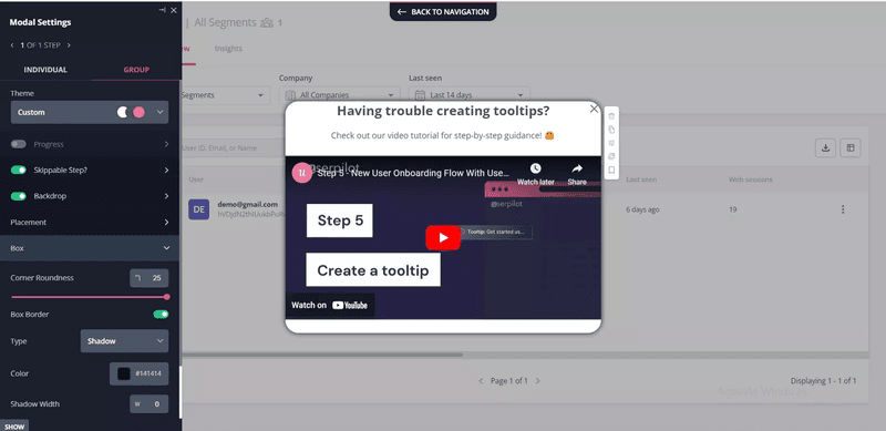 Product tutorial as a pop-up