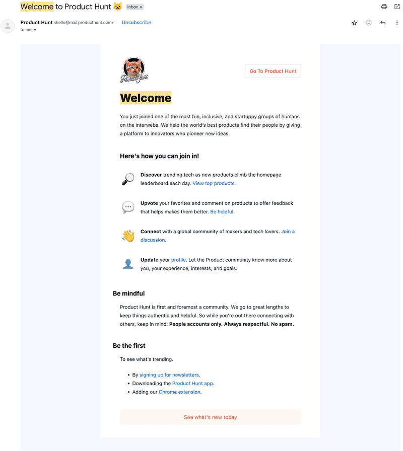 ProductHunt welcome email example.