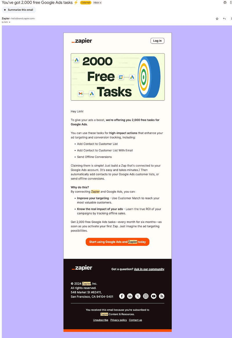 Promotional email from Zapier with free trial actions.