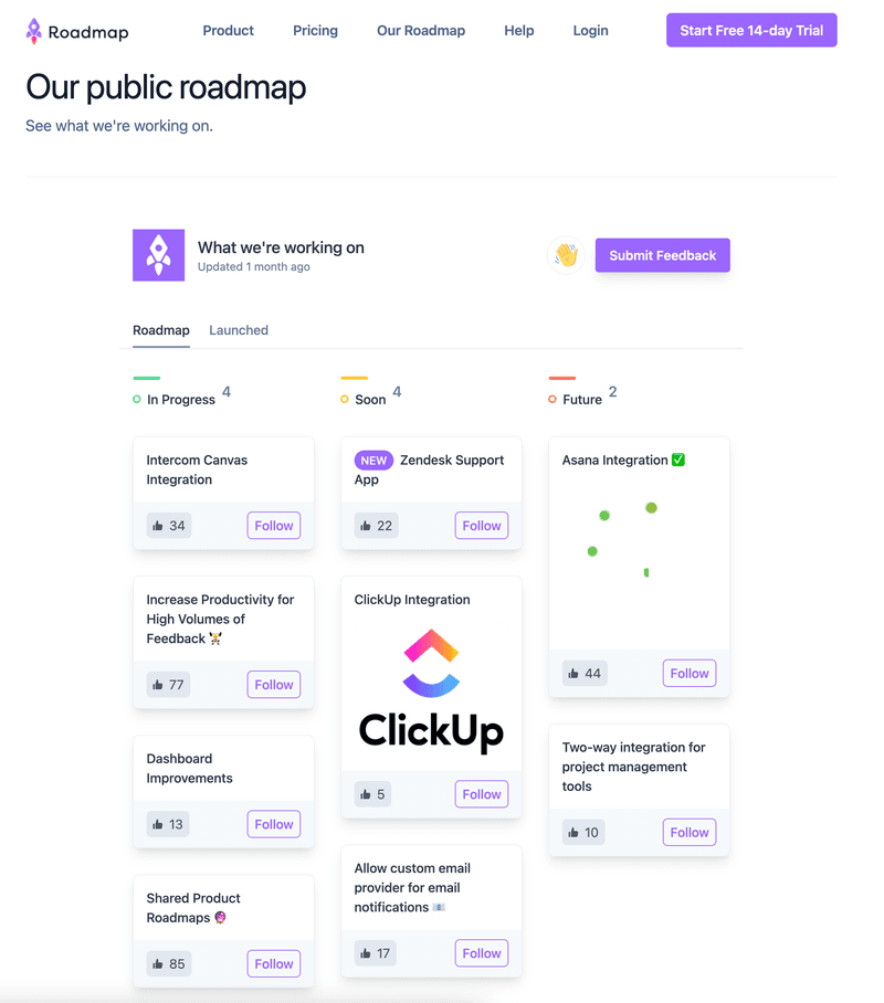 clickup public roadmap customer advocacy example