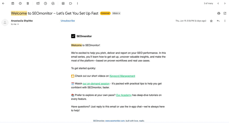 SEOmonitor welcome email example.