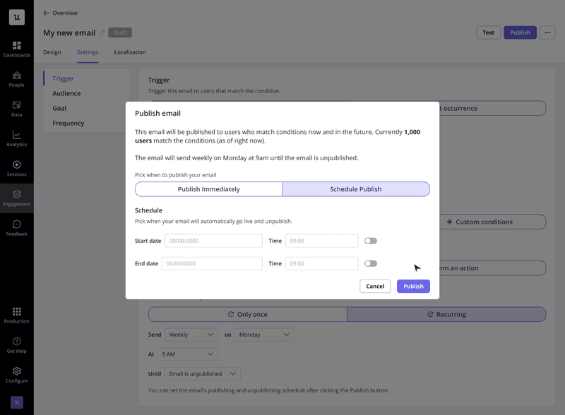 Schedule email publish times with Userpilot.