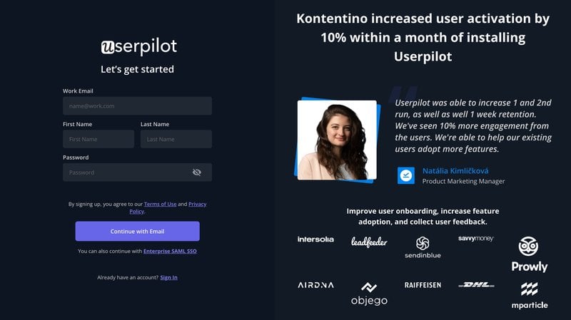 The Userpilot sign up form