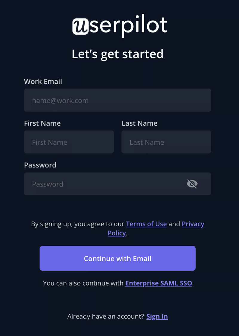 Userpilot's simple signup page with SSO.