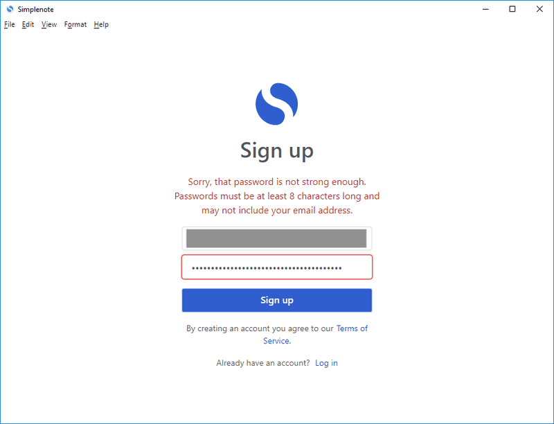 Simplenote’s sign-up error message.