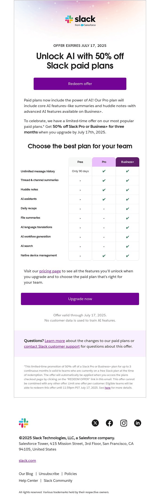Slack's AI upsell message.