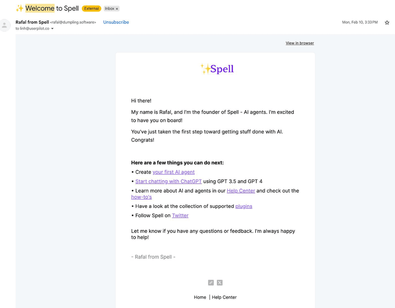 Spell welcome email example.