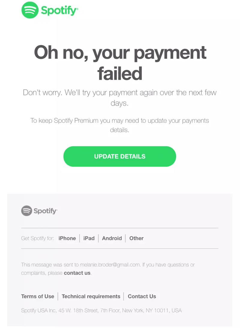 Spotify dunning email example