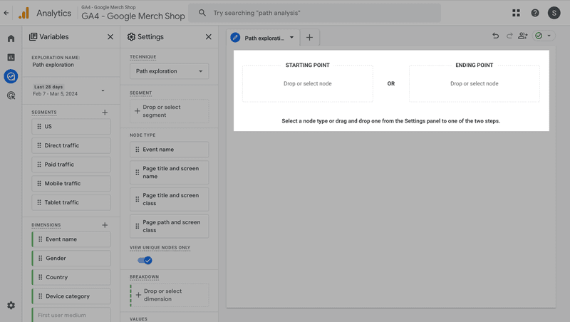 Choosing Starting or Ending point GA4 Path exploration