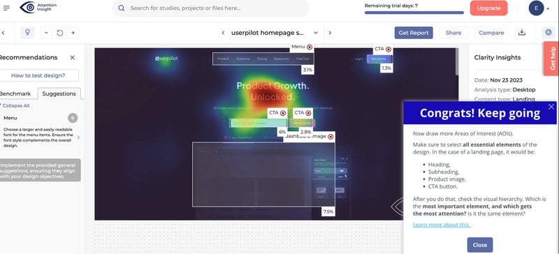 attention insights congrats modal - userpilot case study