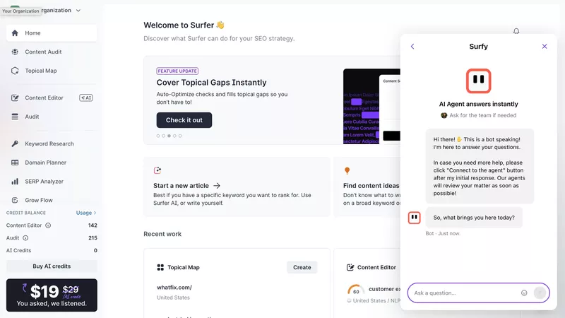 Self-service support types: Surfer’s AI chatbot