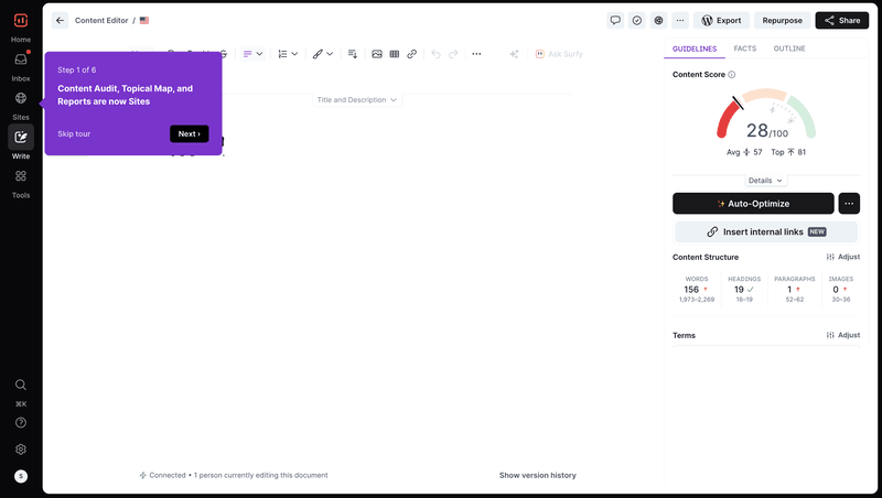 static tooltip example in a product tour UI pattern from Surfer