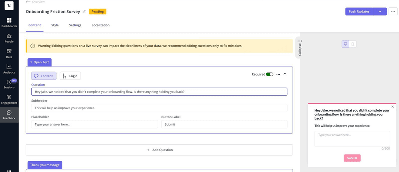 Survey features in Userpilot