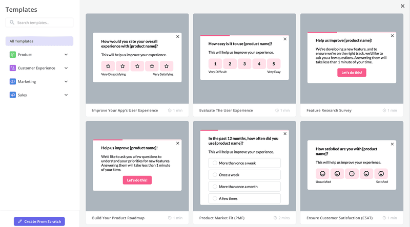 Product-led growth tools: Userpilot survey template library