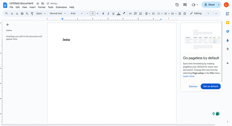 Screenshot of an untitled Google Doc with the word "testing"