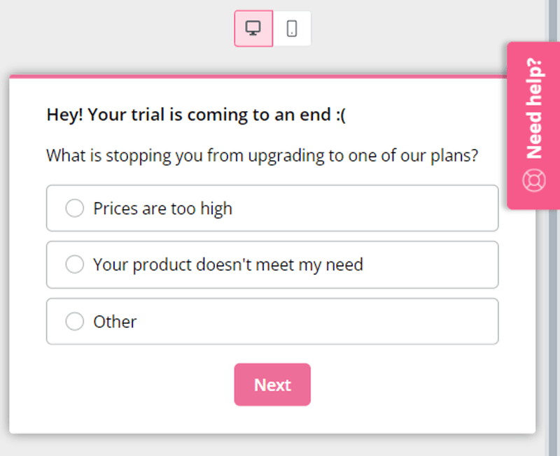 End-of-trial survey created in Userpilot