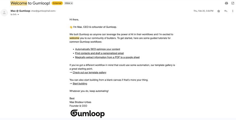 Gumloop welcome email template