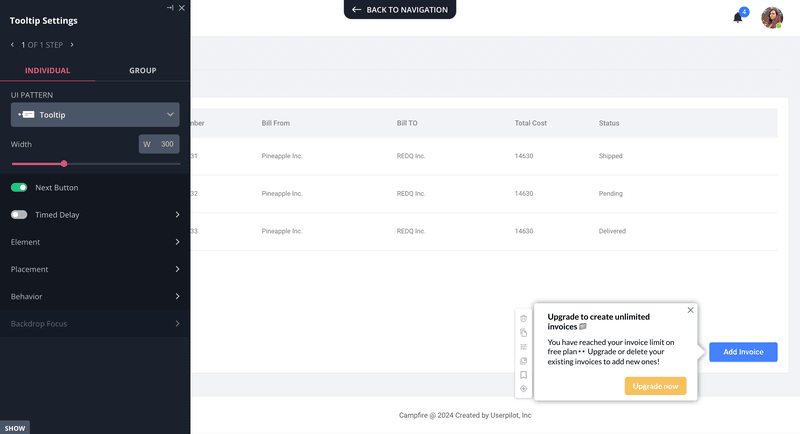 In-app tooltips built with Userpilot
