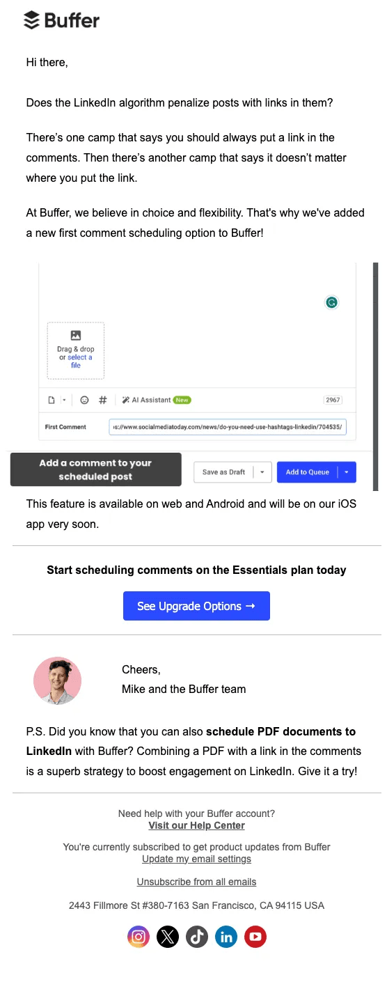 Upsell email example: Buffer.