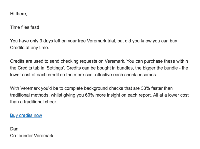 Upsell email example: Veremark.