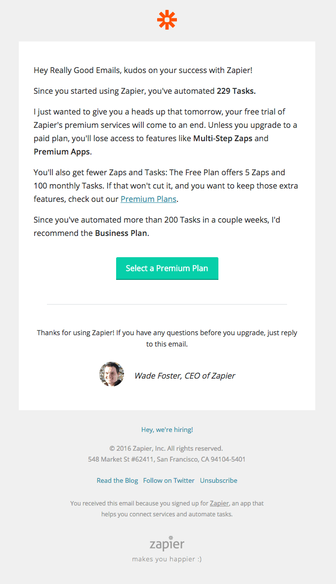 Upsell email example: Zapier.