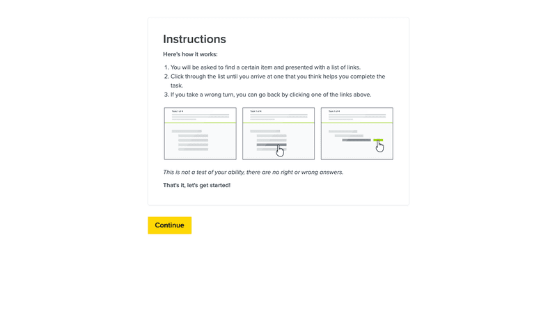 User research tree testing interface.