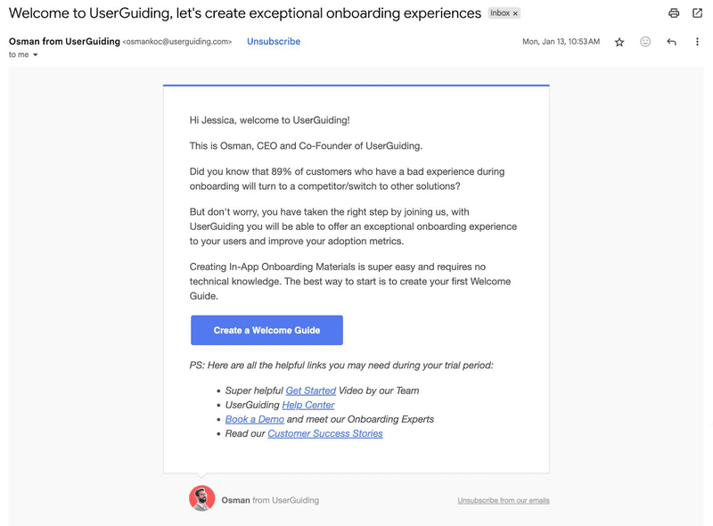 Best welcome email example from UserGuiding.