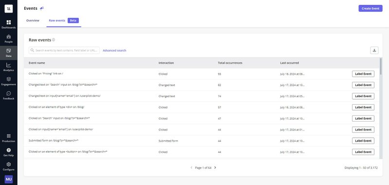 userpilot raw events tab