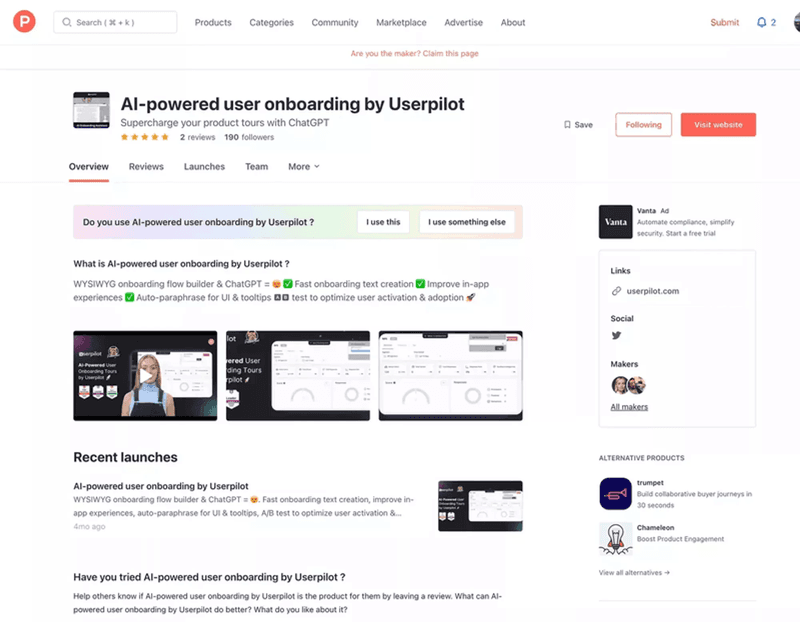 Userpilot's AI launch on Product Hunt.