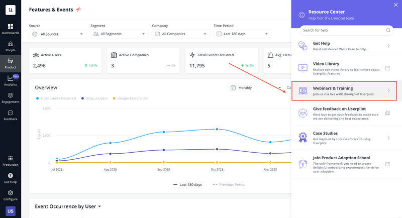 Userpilot resource center example for customer onboarding