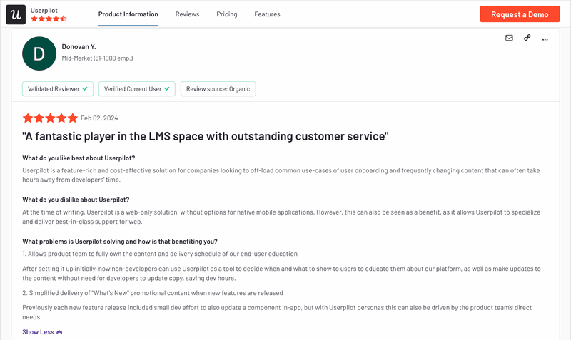 Online review from a Userpilot user on G2