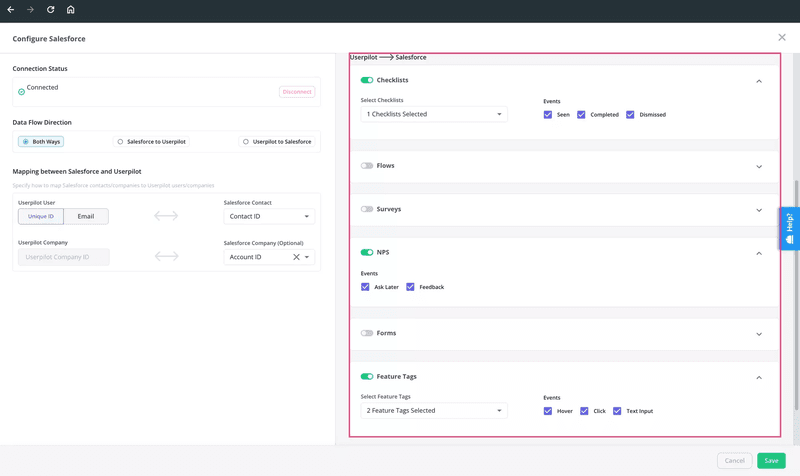 Send survey, NPS, and other feature interaction data from Userpilot to Salesforce.