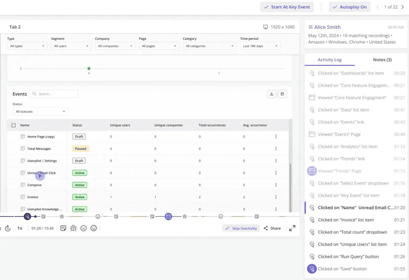 Session replays in Userpilot that show you exactly what users do when in your app.