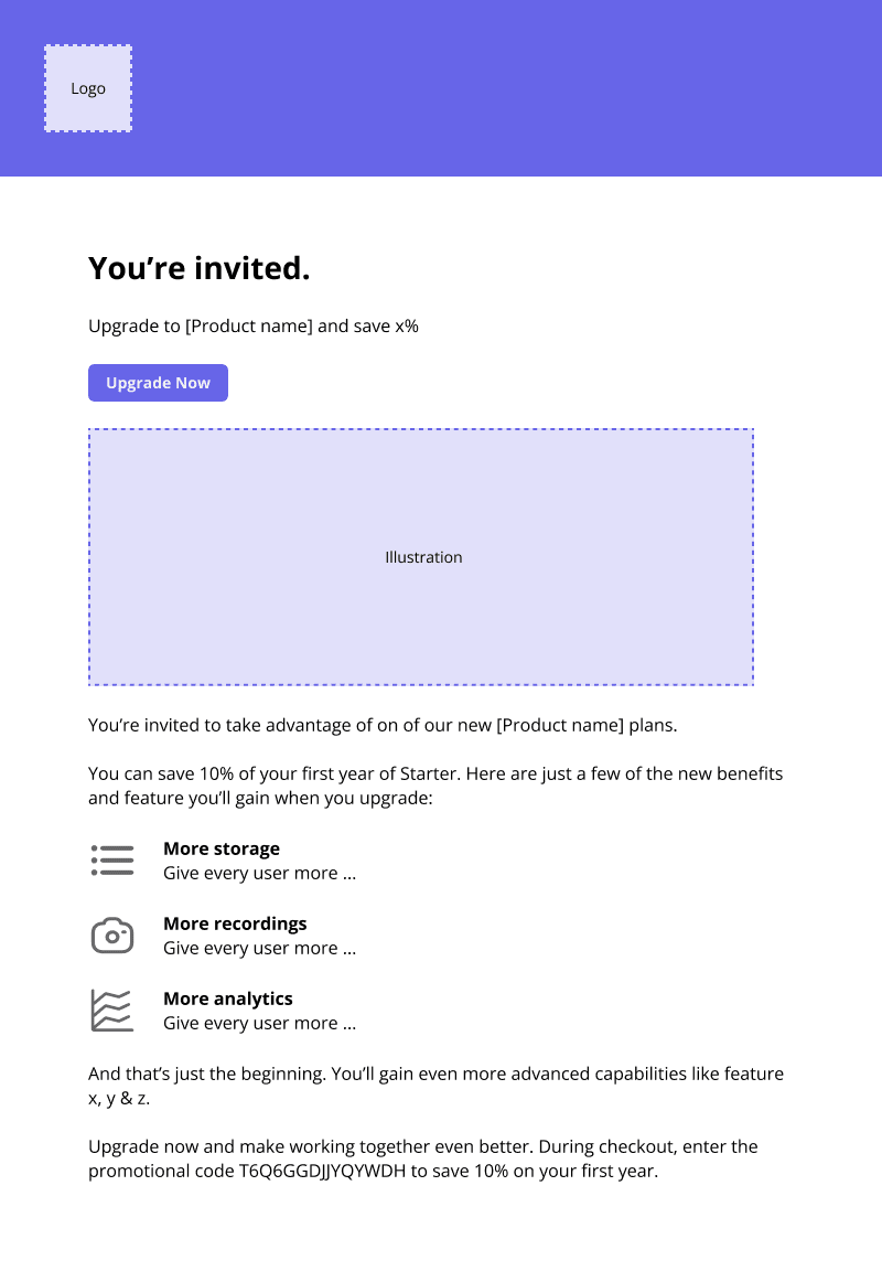 Userpilot’s upsell email template.