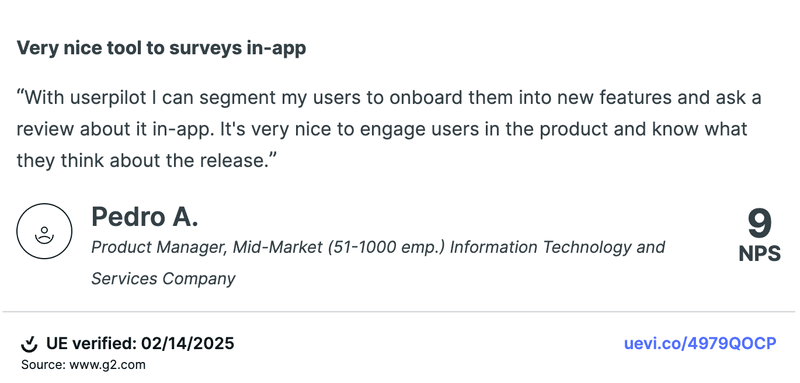  Testimonial on Userpilot’s ability to segment users for better onboarding