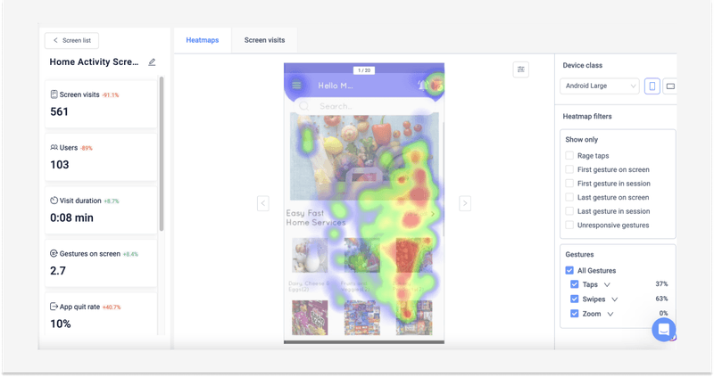 UXCam heatmap showing mobile app tap data
