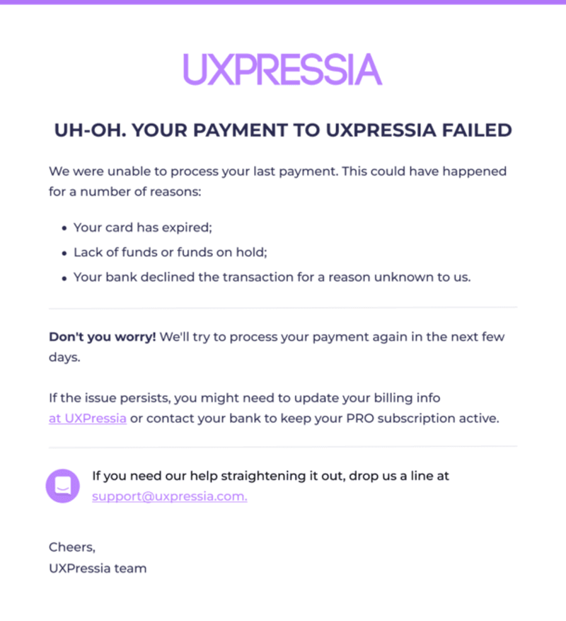 UXPressia dunning email example