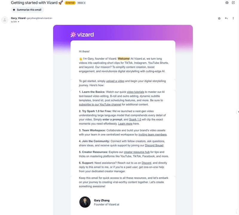 Vizard welcome email example.