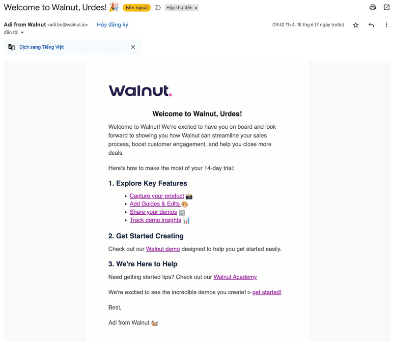 Walnut welcome email example.