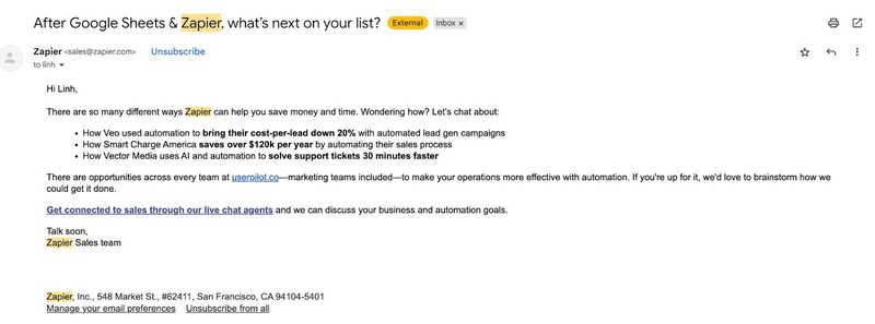 Welcome email example from Zapier.