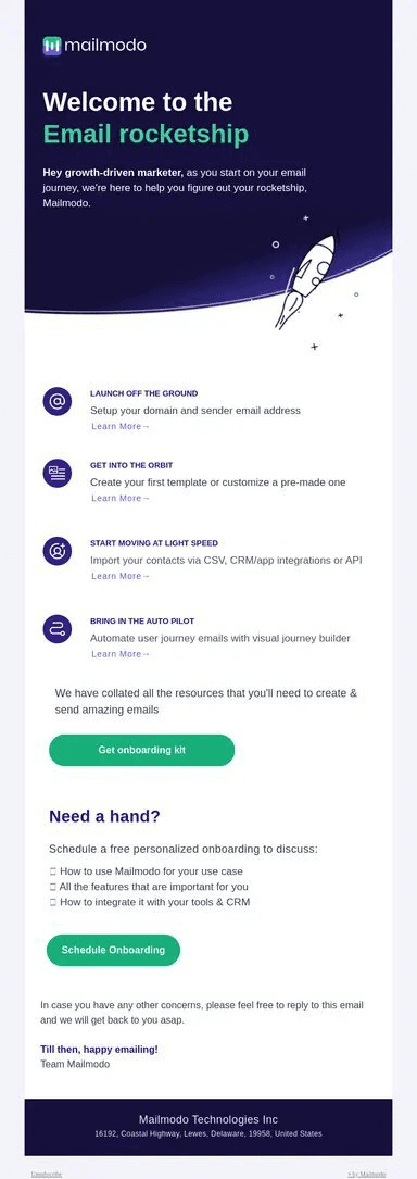 A compelling welcome email from Mailmodo. 