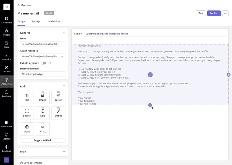 Writing welcome emails in Userpilot.