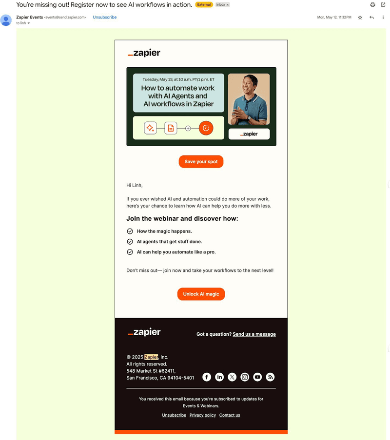 Welcome email with webinar invite from Zapier.