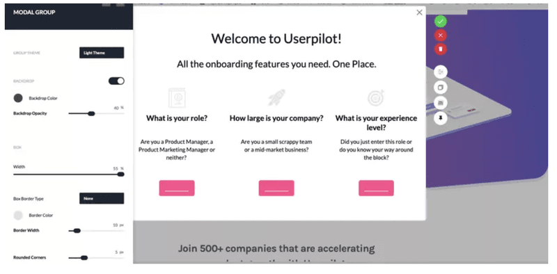 Userpilot welcome screen used to collect information about users