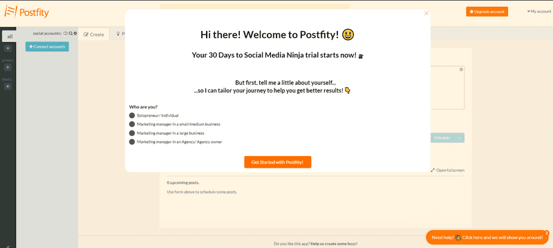 Postfity welcome screen proactive user onboarding