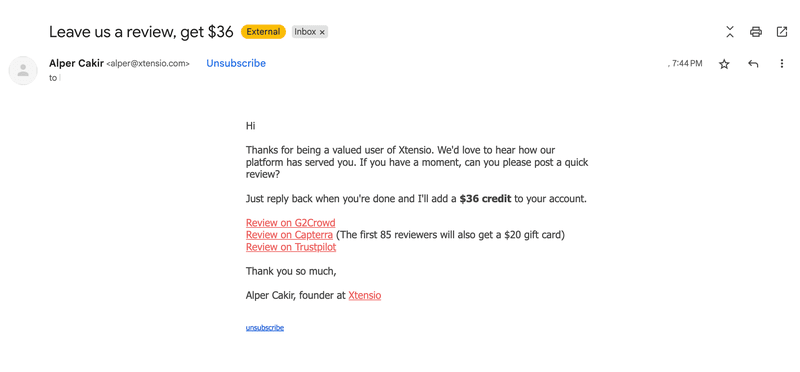 Loyalty program email example: Xtension.