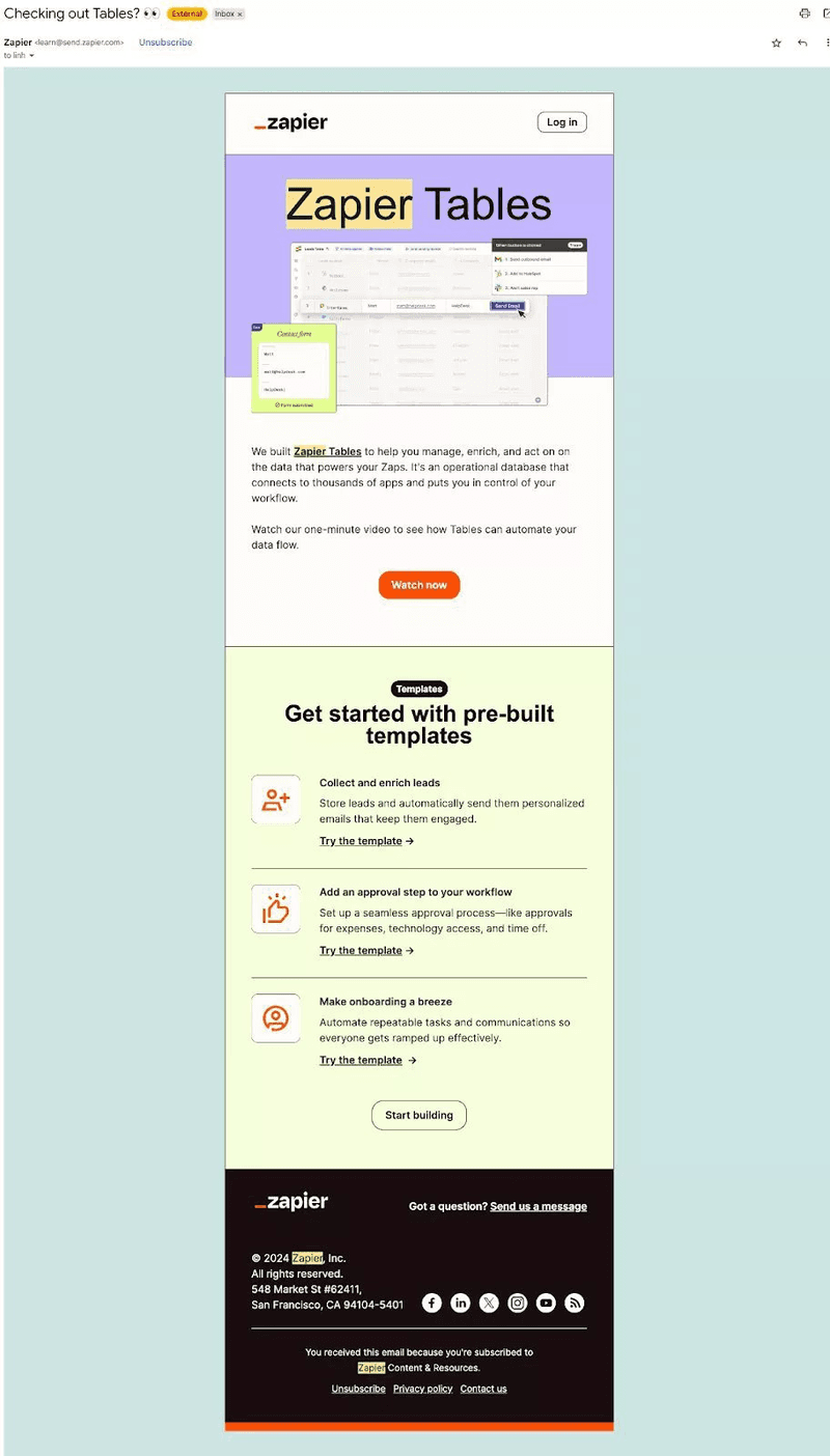 Zapier’s email is sent after a user clicks on a specific feature