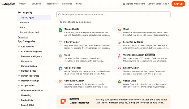 Zapier's supported integrations list